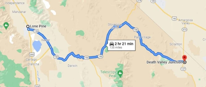 Map showing trip locations for Lone Pine to Death Valley Junction road trip.