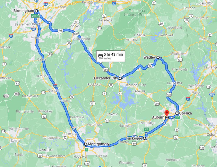 Map of trip locations of Mount Vernon, Monticello, Blue Ridge Parkway and The Biltmore road trip.