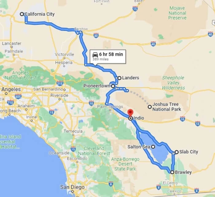 Map showing trips locations for California Desert Mysteries road trip.