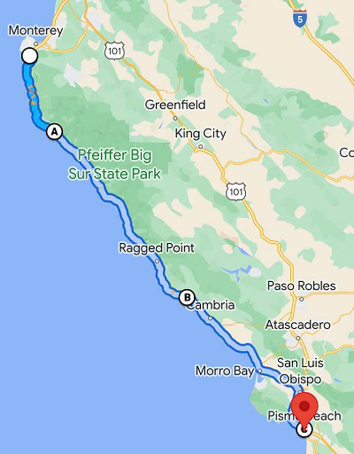 Map showing trip location of California Coast Highway 1 Point Lobos to Pismo Beach Road Trip.