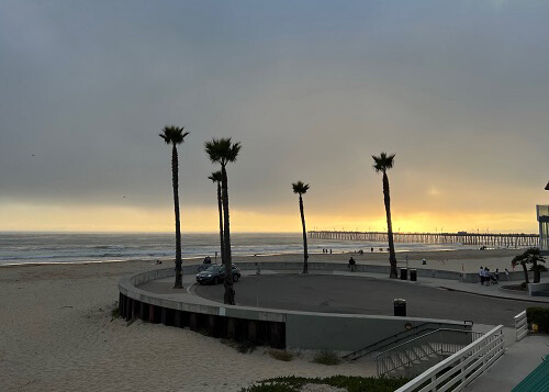 Sundown underneath a thick layer of fog, orange sun barely getting through. Series of palm trees in front of the ocean.