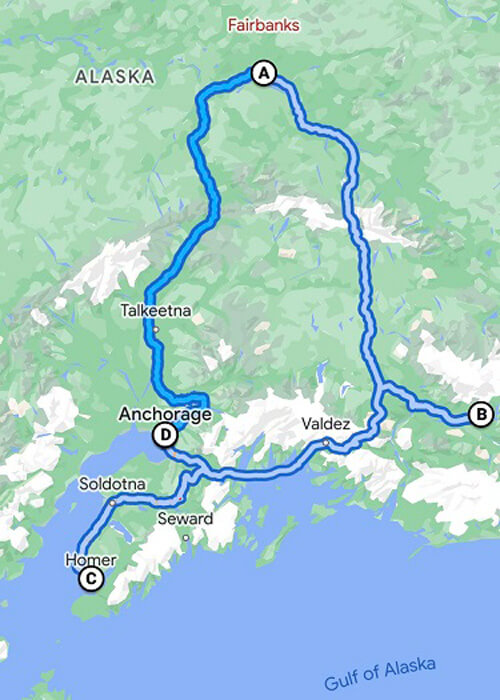 Map of locations for the Epic Alaska with Glacier Exploring road trip.