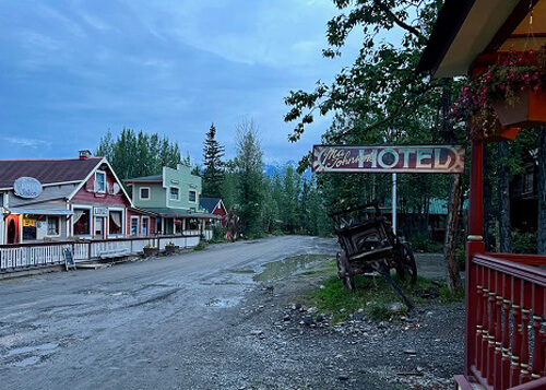 Looking down muddy street from Ma Johnson's motel front porch