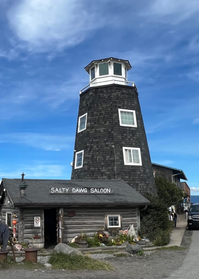 Dark brown shingled Salty Dawg Saloon bar and restaurant