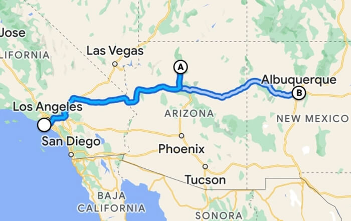 Map showing trip locations for Hermosa Beach to Grand Canyon to Albuquerque road trip.