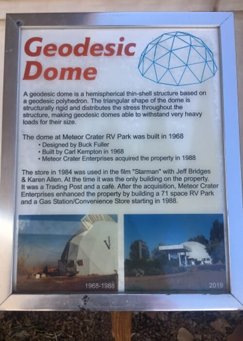 Sign at Mobil station giving extra details on the Geodesic Dome, such at it being built in 1968 and the rigid structure. Sign also mentions the semi-dome was in the 1984 movie "Starman" with Jeff Bridges.