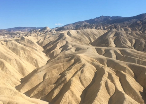 SSprawling light brown sand-colored ridges spread like veins in bottom portion. Thin layer of dark brown mountains in background topped with blue sky with no clouds.