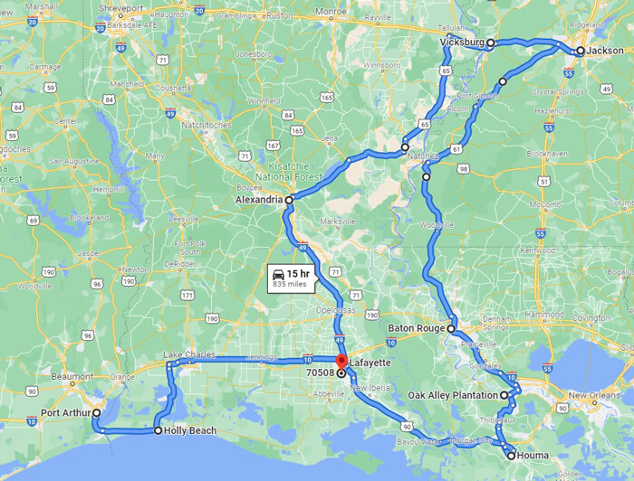 Map of trip locations for Louisiana and Natchez Trace road trip.