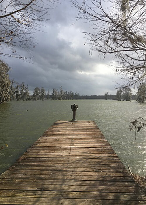 Wooden dock hanging over dark green lake with some trees in lake in the distance, cloudy sky above.