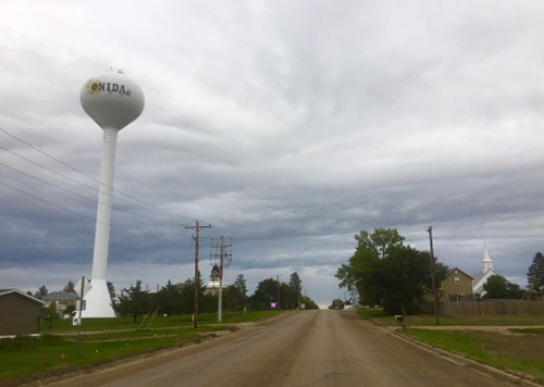 Road disappearing into trees with water tower at left reading "Onida".  Cloudy sky above.