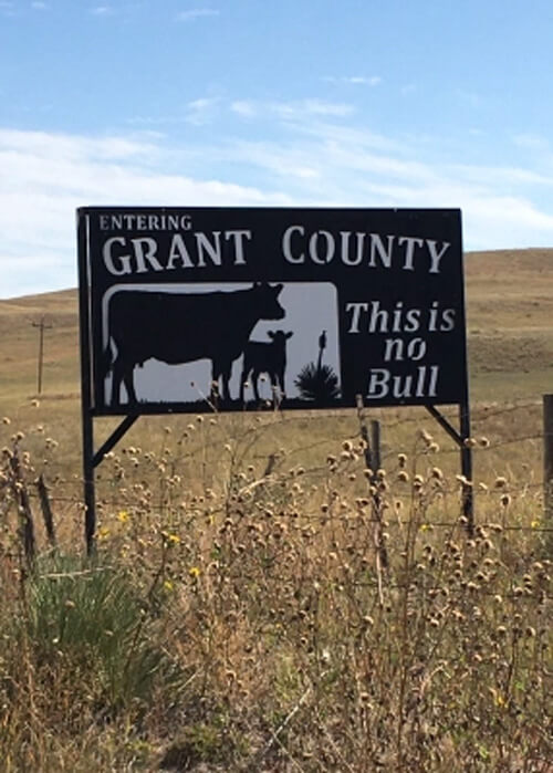 Sign in a wheat field saying "Entering Grant County, this is no bull."  Blue sky above with a few clouds.