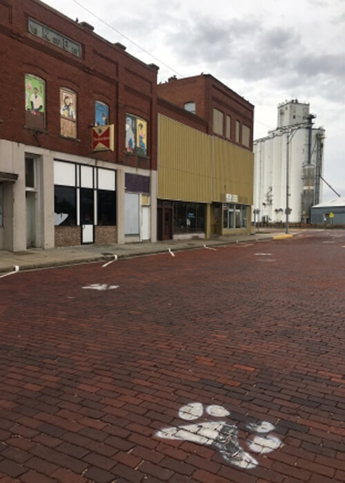 Red brick road with a few brick buildings at left and white painted paw print at lower right on the road, a coyote print for team mascot.