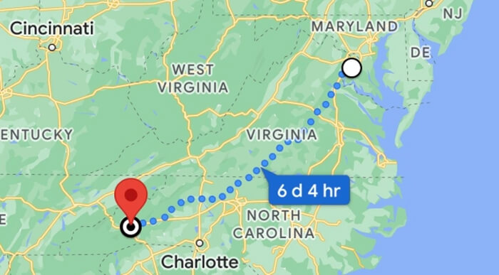 Map of trip locations of Mount Vernon, Monticello, Blue Ridge Parkway and The Biltmore road trip.