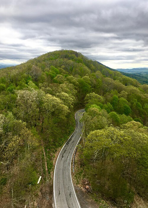 View from a lookout tower, a road winding up a hill with thick bright green trees on both sides. Cloudy sky.