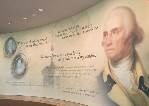 Picture of quote wall inside George Washington Mount Vernon Visitor Center. One quote says "Peace with all the world is my sincere wish."