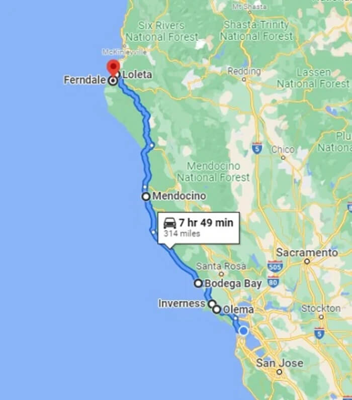 Map showing trip locations for Northern California Coast Horror Film Road Trip.