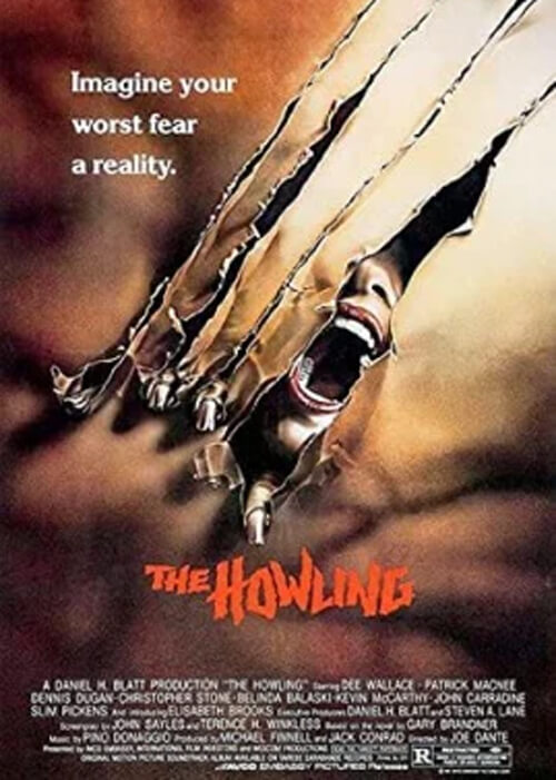 Movie poster for The Howling, with a screaming mouth protruding from cardboard box.  Credits at the bottom.