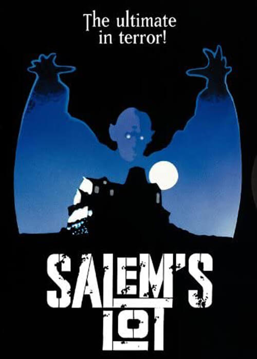 Movie promo poster for Salem's Lot, that says "the ultimate in terror" at top.  Blue-caped vampire raising arms in air.