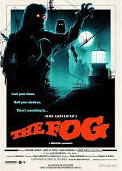 Official movie poster for The Fog, with an ape-like creature reaching out from a fog.  Credits at bottom.