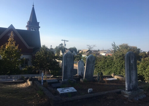 Some tombstones in a cemetery and view of church at left.  Blue sky above, no clouds.