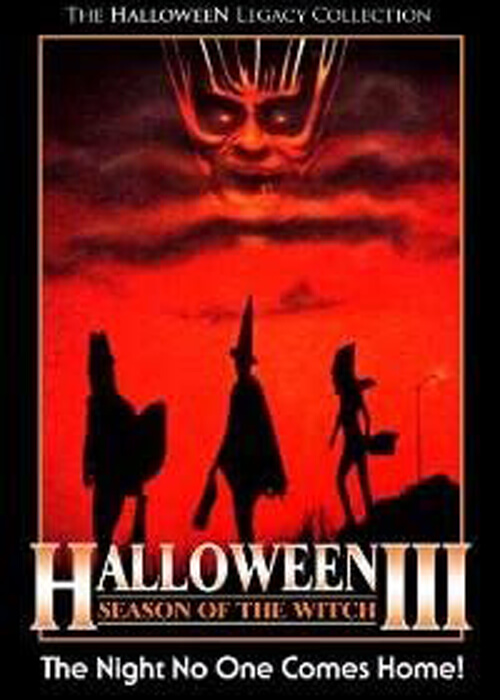 Movie poster of Halloween III, with three silhouetted trick or treaters against a red backdrop and demon face above.