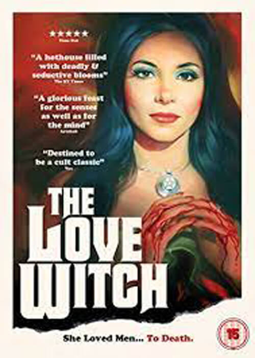 Movie poster for The Love Witch, with a portrait painting of a black-haired, dark-eyed Caucasian woman holding bloody hands.