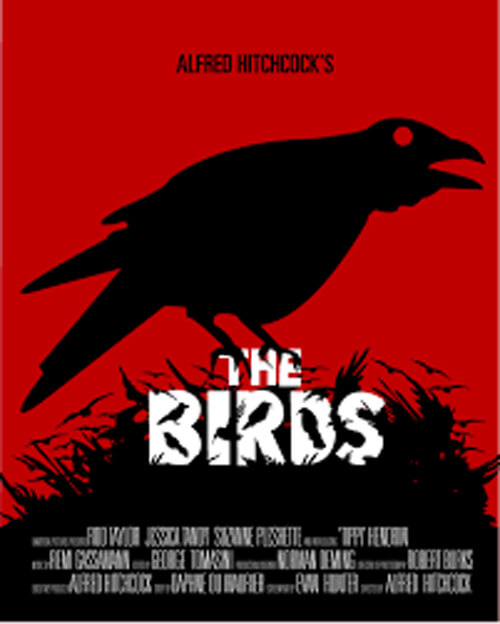 Movie poster for The Birds, with a black bird against an all red background, credits at bottom.