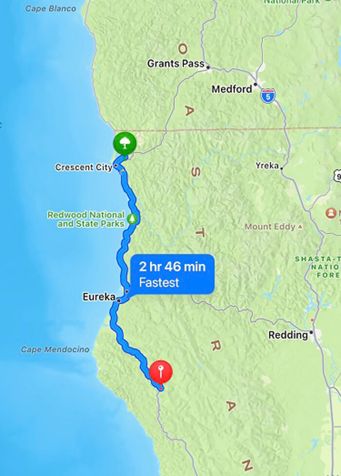 Map showing trip locations for Northern California Redwoods Road Trip