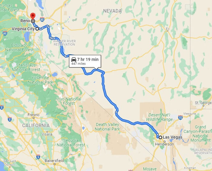 Map showing trip locations for Reno to Vegas road trip.