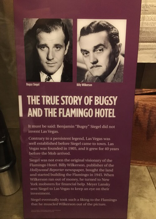 Picture and text display inside the Mob Museum that reads "The True Story of Bugsy and Flamingo Hotel" with picture of Bugsy Siegel.