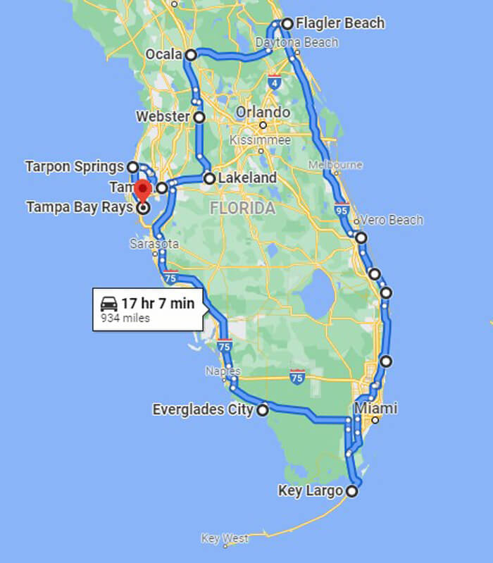 Map showing trip directions for South Florida Loop through Everglades road trip.