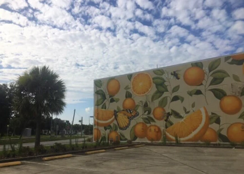 Oranges and orange slices painted on side of building at right, with palm tree at left and blue sky with scattered clouds above.