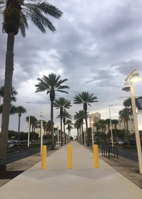 Cement walkway path disappears in center of photo into the horizon, lined by palm trees on both sides and grey clouds above at sundown.