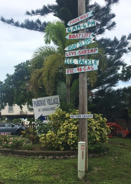 Wooden post with seven signs attached pointing different directions, labeled from food to boat slips. Green grass at bottom and some yellow flowers behind the post. Grey sky behind.