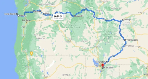 Map of trip locations of Mount Vernon, Monticello, Blue Ridge Parkway and The Biltmore road trip.