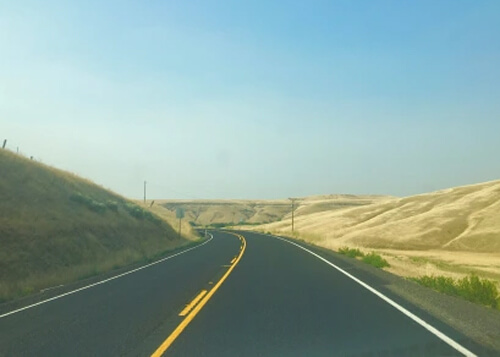 Road disappearing into yellow low rolling hills, clear blue sky above.