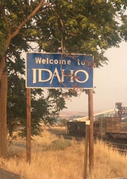 Blue sign with white lettering reading "welcome to Idaho" underneath a tree, with a bridge in distance to the right of sign.  Grey sky in back ground.