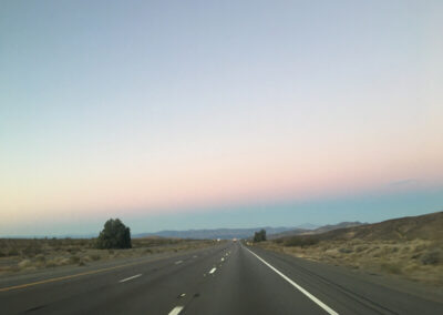 Road aimed straight ahead into the horizon, desert terrain and tumbleweeds on both sides at sundown.