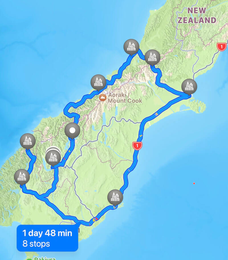 Map showing trip locations for New Zealand’s Spectacular South Island Road Trip